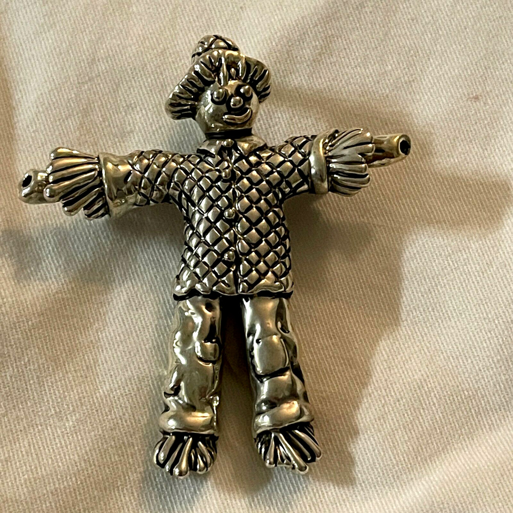 Scarecrow Pin Brooch Pendant Silver Tone Metal Signed MJ Halloween Fall